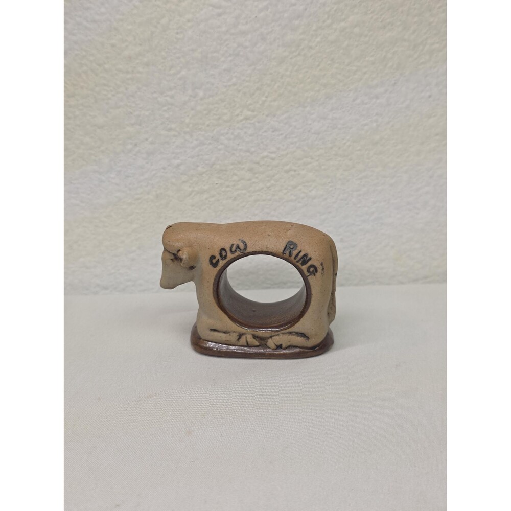 Vintage Cow Ring Pottery Figurine, Rustic Ceramic Napkin Ring Holder, Farmhouse